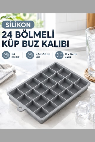 Silikon 24 Bölmeli Küp Buz Kalıbı, Pratik Ve Kullanışlı Tasarım Buzluk 2,5x2,5 Cm Küp Gri