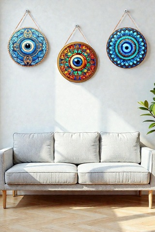 Nazar Boncuğu Kristal Mdf İpli Tablo Seti, 3 Lü Modern Duvar Dekoru, Salon, Oturma Odası, Ev İçin