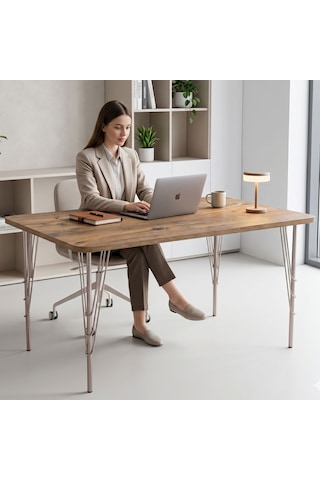 Modern Ahşap Desenli 6 Kişilik Yemek Masası 119x89 Cm Sabit Metal Ayaklı Sağlam Mutfak Masası, Çalışma Masası, Balkon Masası Atlantik - Çam