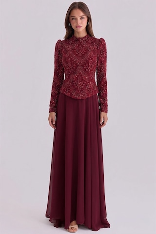 Olcay Boncuk Desenli Şifon Kombinli Exclusive Tesettür Abiye Elbise Bordo 1089