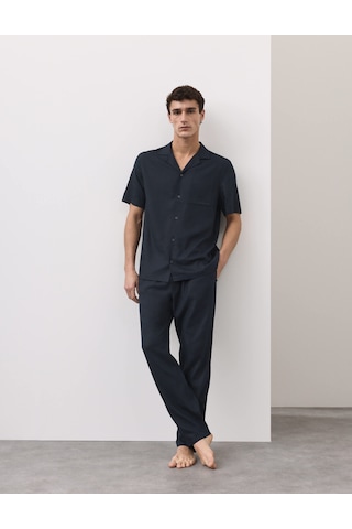 Marks & Spencer Keten Karışımlı Pijama Üstü T07001351a Lacivert