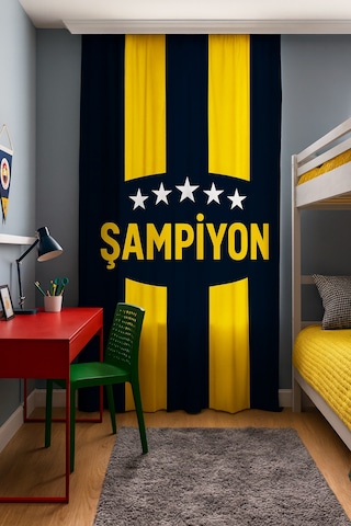 Taraftar Sarı Lacivert Çift Kanatlı Fon Perde