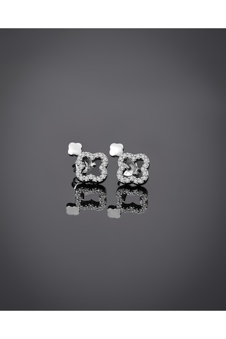 Roza Silver 925 Ayar Rodyum Zirkon Taşlı Dört Yapraklı Yonca Şık Çivili Gümüş Küpe Re10213