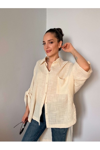Ali Butik Krem Fakir Kol Oversize Keten Gömlek Krem