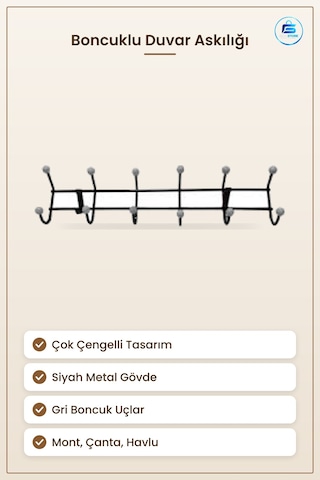 Askılık Siyah Metal Boncuklu Duvar Tipi Mont Havlu Çanta Elbise A Çok Renkli