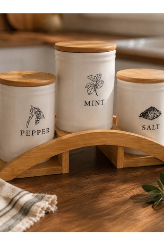 Bambu Standlı 3 Lü Baharatlık Seti Salt, Pepper & Mint Beyaz
