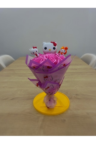 Hello Kitty Temalı Buket Pembe Yapay Gül Buketi Bebek Pembesi