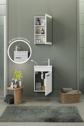 Biani Fix Loft Mini 42 Cm Banyo Dolabı,Seramik Lavabolu, Aynalı,Lavabo Dahil,Mdf,Mat Beyaz