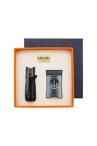 Lubinski Metal Gri Puro Seti 1 Torch Çakmak, 60 Ring V-cut Puro Kesici 8084at