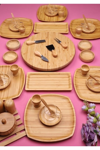 Atbyhome Bambu Vista 6 Kişilik 47 Parça Doğal Bambu Kahvaltı Takımı - Kahvaltı Seti Sunum Seti Bambu