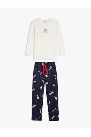 Koton Uzun Kollu Yılbaşı Baskılı Pamuklu Pijama Takımı Mavi Desenli 5wlk40298mk Mavi