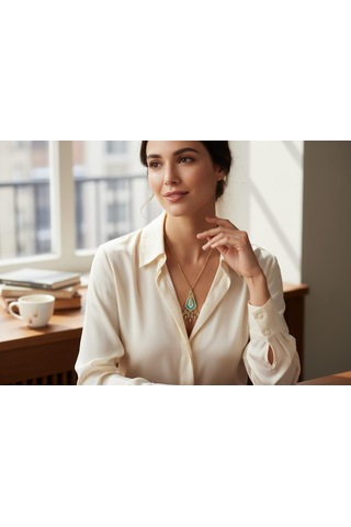 Turkuaz Taşlı Geometrik Desenli Çelik Kolye Ve Küpe Takımı Çok Renkli