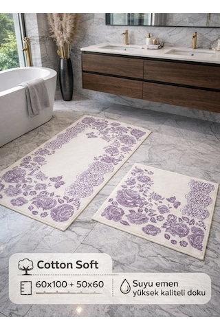 Cotton Soft -lila Beyaz- 2li Banyo Seti, Paspas Takımı Lila - Beyaz