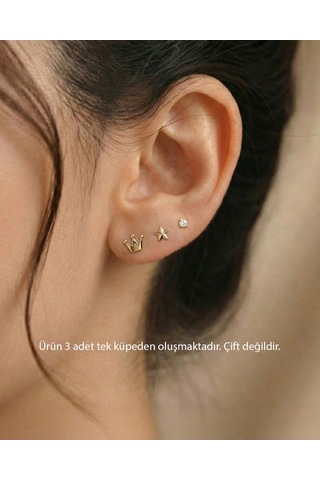 Taç Yıldız Nokta Kombin 14 Ayar Altın Küpe
