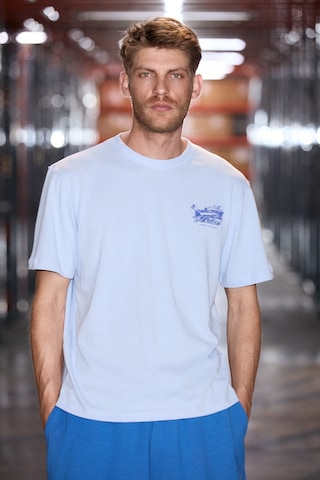 Grımelange Roomy Erkek %100 Organik Pamuklu Yuvarlak Yakalı Baskı Detaylı Comfort Fit Mavi T-shirt