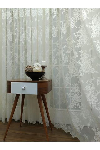 Gül Desenli Dantel Tül Perde, 200x260, Seyrek Pile, 1/2 Çok Renkli