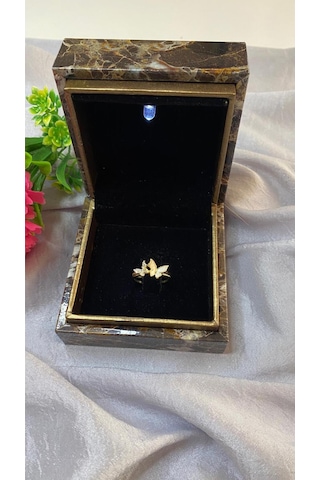 Kelebek Figürlü Zirkon Taşlı Mineli Tasarım Çelik Yüzük Gold - Gümüş