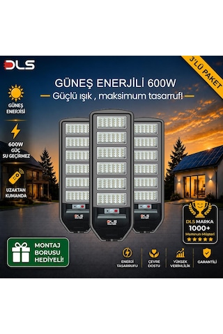 3'lü Paket Dls 600w Güneş Enerjili Solar Sokak Lambası Hareket Sensörlü Led Bahçe Aydınlatması