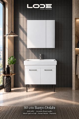 Lode Palis Ayaklı Set %100 Mdf - Alt Dolap - Üst Dolap - Cerastyle Sharp 80 Cm Seramik Lavabo Dahil Beyaz