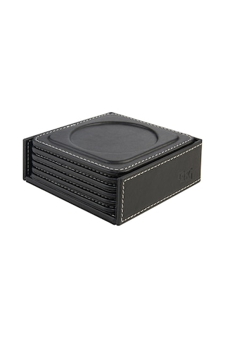 Bardak Altlığı,6 Lı Set,masaüstü Yuvarlak Cup Coaster,vegan Suni Deri,11x11 Cm.,siyah