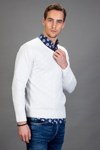 Tudors Slim Fit Dar Kesim V Yaka Pamuklu Erkek Kazak-14376 Beyaz
