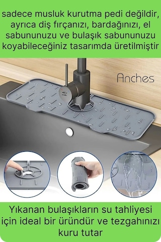 Mutfak Banyo Lavabo Silikon Musluk Arkası Mat Oluklu Su Tutucu Tezgah Üstü Bulaşık Kurutma Pedi Diğer