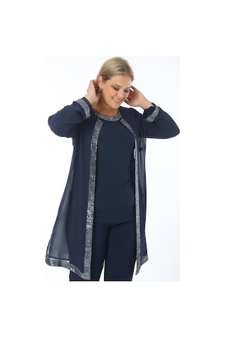 Ladies First Büyük Beden 3717 Lacivert Gümüş Ceket+Bluz İkili Takım Gümüş - Lacivert