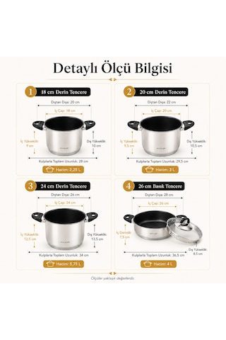 8 Parça Paslanmaz Çelik Tencere Seti İndüksiyon Ocak Uyumlu, Süzgeç Kapaklı Gümüş