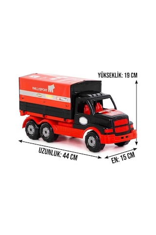 Açılabilir Tenteli Kasalı Büyük Boy 44cm Tekerlekli Ralli Tasarımlı Oyuncak Dev Taşıyıcı Kamyon