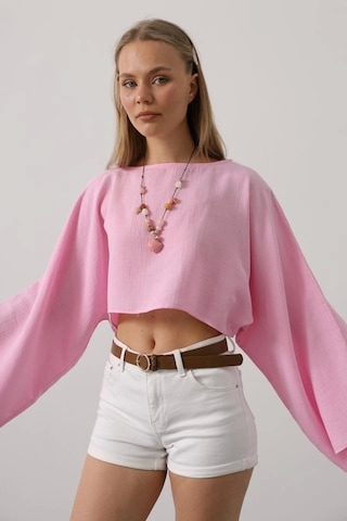 Yarasa Kollu Crop Bluz - Pembe Pembe