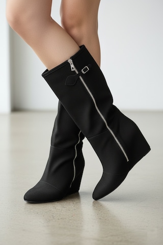 Fox Shoes V380526402 Siyah Süet Düz Taban Fermuar Detaylı Kadın Çizme Siyah
