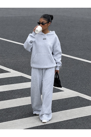 Macklin Unisex Kadın Erkek Calıfornıa Oversize 3 İplik Kapüşonlu Hoodie Ve Baggy Eşofman Altı Gri Melanj