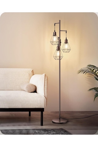 Edishine 3 Başlıklı Dimlenebilir Retro Ayaklı Lamba E27 Led, Kafes Şapkalı, 166 Cm Lambader Kahverengi Diğer
