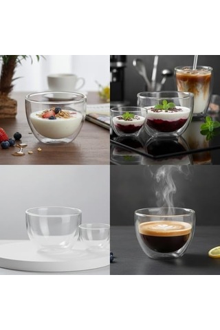 1 Adet Çift Cidarlı Borosilikat Cam Kase 250 Ml - Isı Yalıtımlı, El Yakmayan Şeffaf Servis Kasesi 9x7.5 Cm Tatlı, Yoğurt, Çorba Kasesi Açık Bej