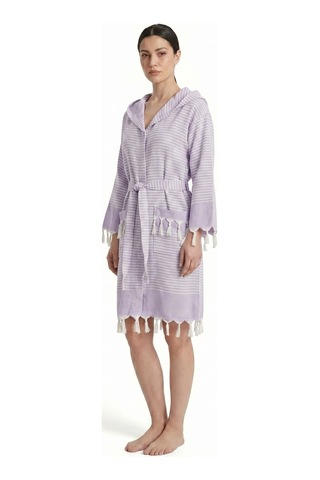 Kapşonlu Unisex Peştemal Plaj Bornozu %100 Pamuklu Seaside Stripe Lila