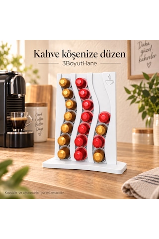 Kapsül Kahve Standı 3 Sıralı Tezgah Üstü Kapsül Tutucu Organizer Siyah Beyaz
