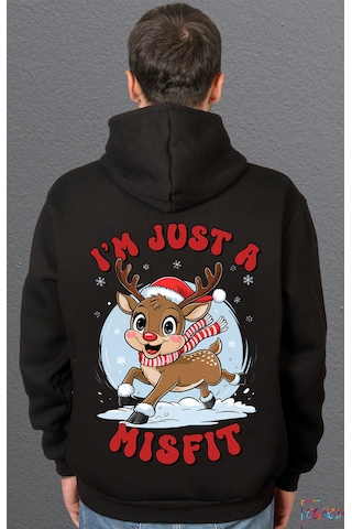 Bumeta I M Just A Misfit Yılbaşı Geyik Christmas Sweatshirt Unisex Kapüşonlu Hoodie Siyah