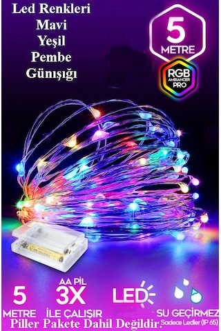 5 Metre Pilli Led Işık Multi Renk, Dekoratif Peri Led Işık, Rgb Karışık Renk 1 Parça