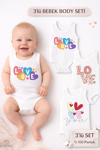 Babyden's 3 Lü Bebek Body Seti %100 Pamuk Love Baskılı Atlet Body Unisex Beyaz