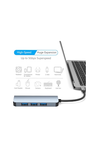 Samdoo Type-c'den Usb'ye Dönüştürücü 4-üçlü Hub: 1 Adet Usb 3.0 5gbps + 3 Adet Usb 2.0, Alüminyum Gövde, Gri Renk