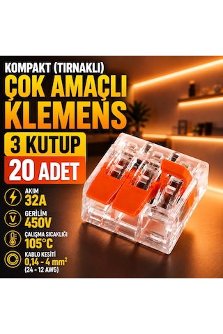 20 Adet Kompakt Tırnaklı Çok Amaçlı Klemens-3 Kutup