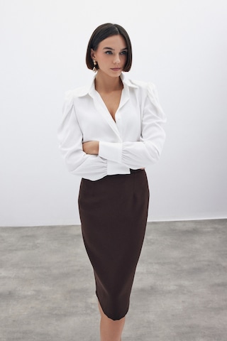 Sateen Düz Kalem Etek - Kahve
