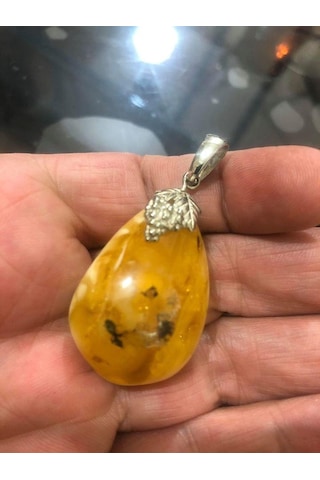 Doğal Kaya Damla Kehribar Kolye Ucu Otantik Gümüş Aparatlı 11,81 Gram