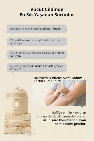 Mıdha Rice Body Butter Cilt Bariyeri Desteği ve Yoğun Nem Sunan Pirinç Özlü Vücut Kremi 500 ML