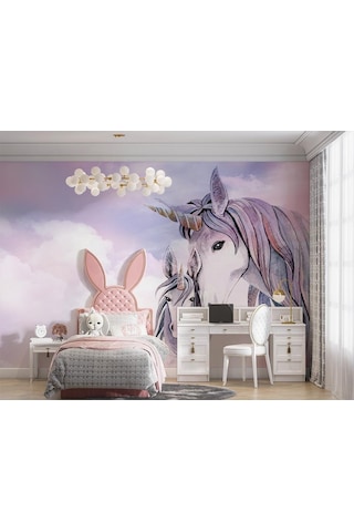 Pembe Bulutlar Üzerinde Unicorn Çocuk Odası Duvar Kağıdı