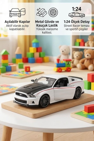 Maisto Lisanslı Metal Ford Mustang Street Racer 2014 1:24 Kapıları Açılabilir Oyuncak Model Araba Beyaz