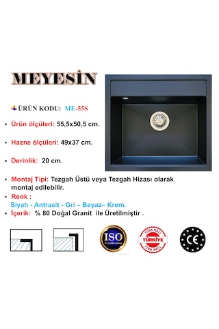 Meyesin ME-55S Granit Tek Göz Mutfak Evyesi Siyah 50 x 55 CM