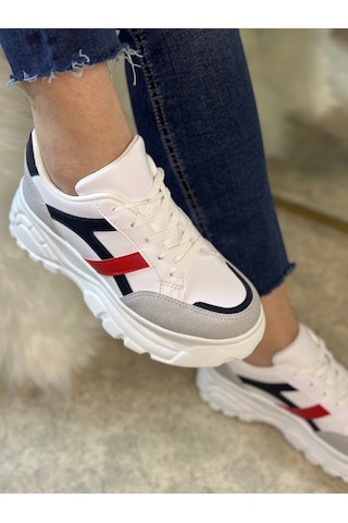 Günlük Kadın Sneaker Kalın Yüksek Taban Bağcıklı Rahat Tiger Şeritli Spor Ayakkabı 032 11-taş Laci Kırmızı