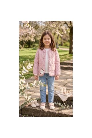 Deniva Kids Kız Çocuk Pudra Pembe Kalp Kapitone Fiyonk Detaylı Mevsimlik Ceket Mont