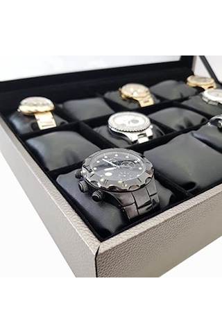 15 Li Diamond Gri Deri Ahşap Camlı Saat Kutusu St15-59